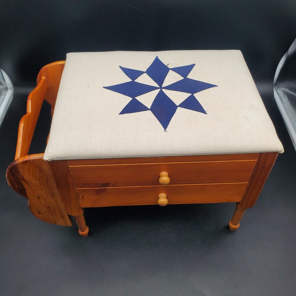 Vintage Wooden Sewing Box Storage Stool Quilt Star Hinged Cushion Seat
